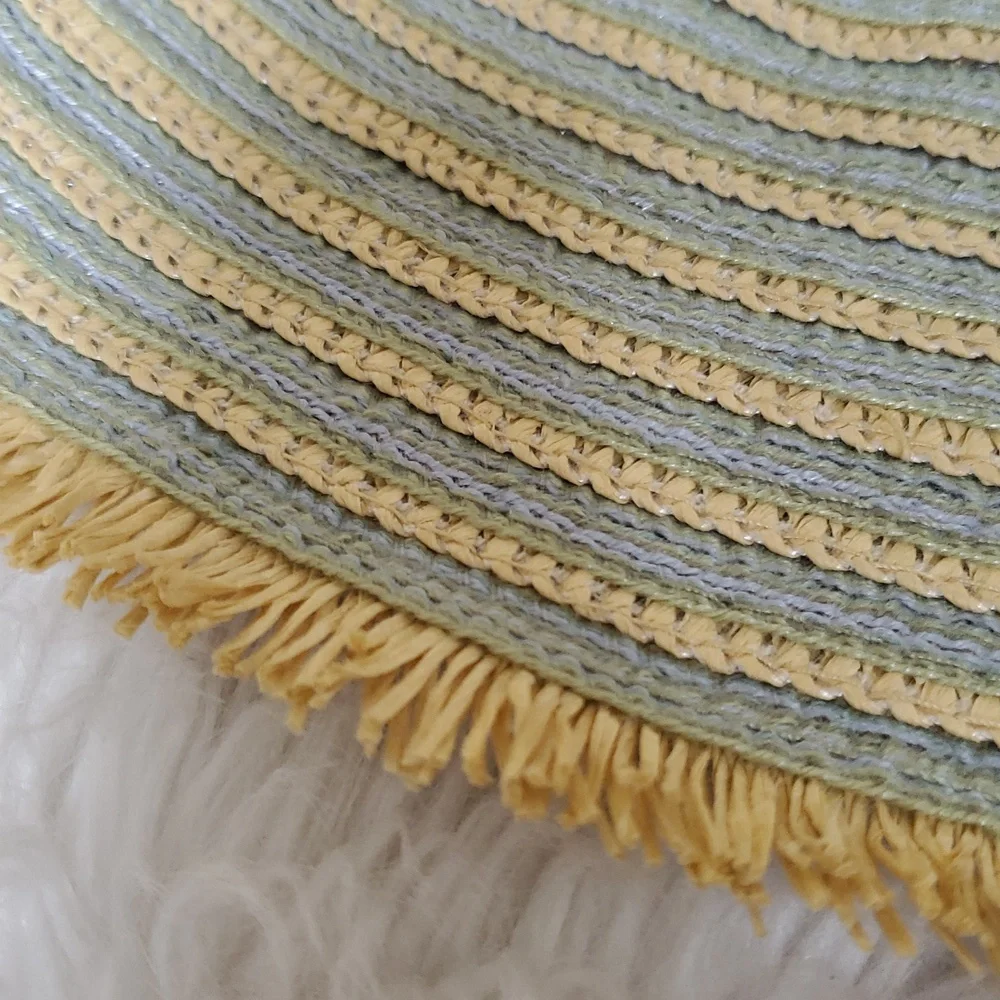 Blue and Tan Straw Wide-Brimmed Sun Beach Hat